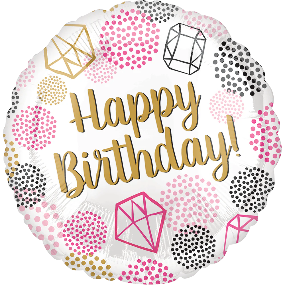 HAPPY BIRTHDAY PUNTOS ROSAS, NEGROS Y DORADOS