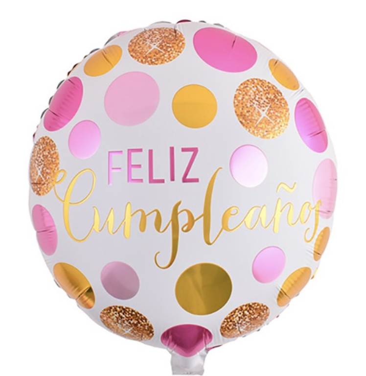 Feliz cumpleaños puntos rosas y dorados